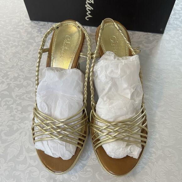 Cole Haan Andra 8.5 Gold Leather Braided Slingback Cork Wedge Sandals Womens 4" - Picture 2 of 8